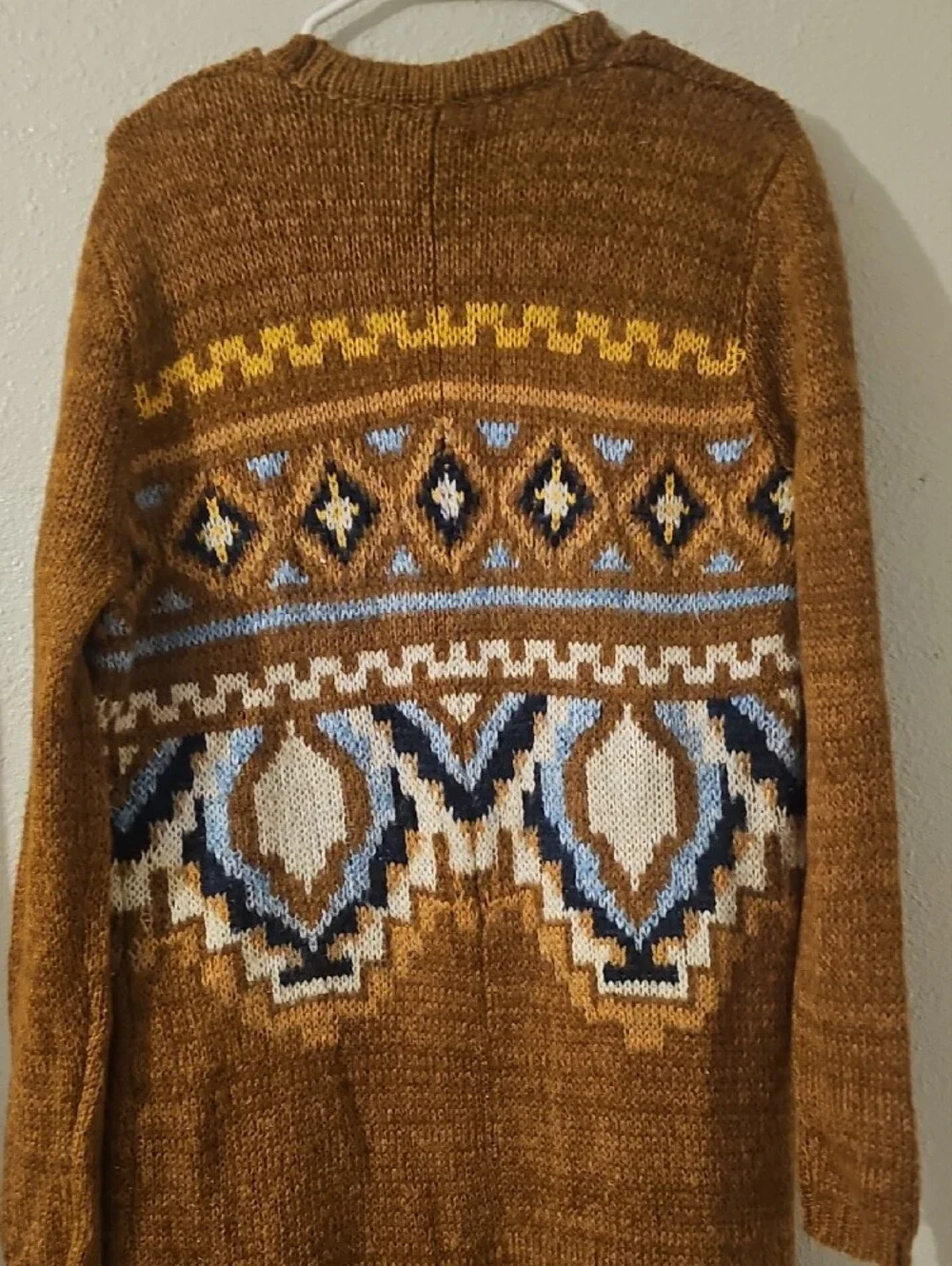 Natural Reflections Brown Aztec Fringe Cardigan with Blue and Cream Accents